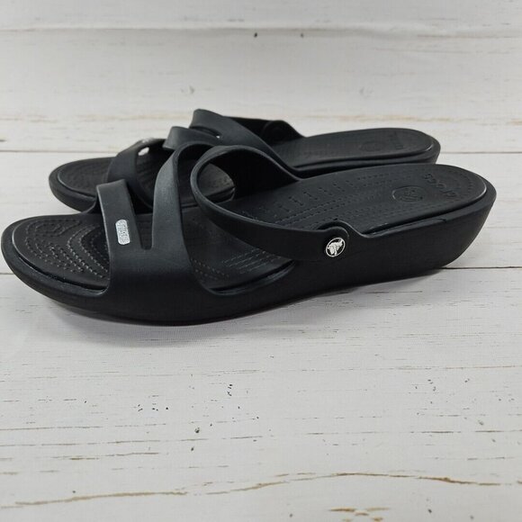Crocs Patricia Womens Size 11‎ Black Wedge Sandal Strappy Slip On Slides - Picture 3 of 8